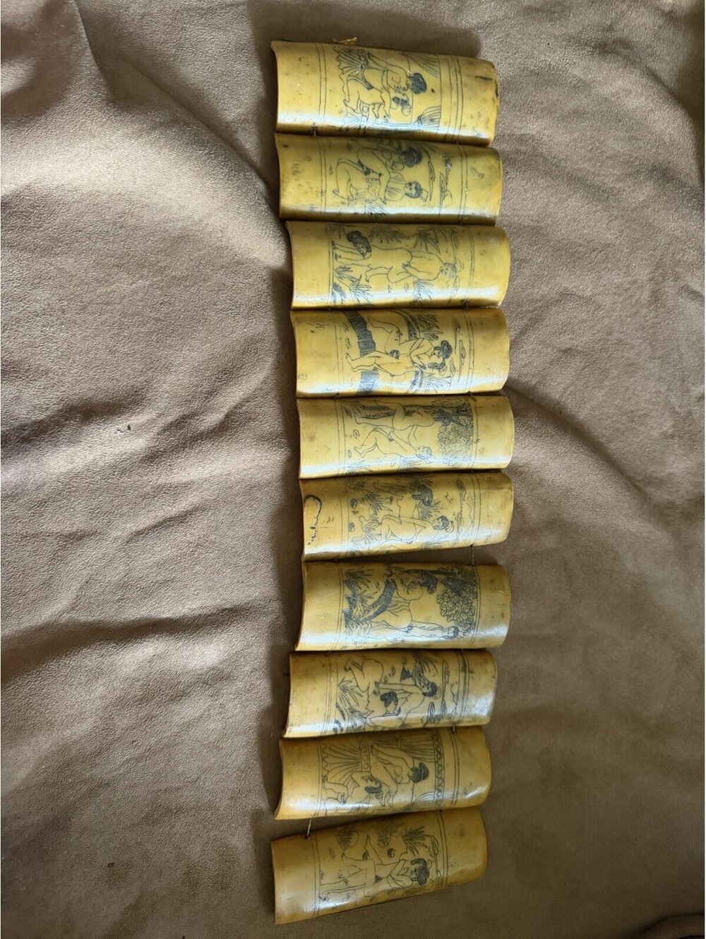 Hand Carved Shunga 10 Art Scroll Panels Scrimshaw Erotica Kama Sutra